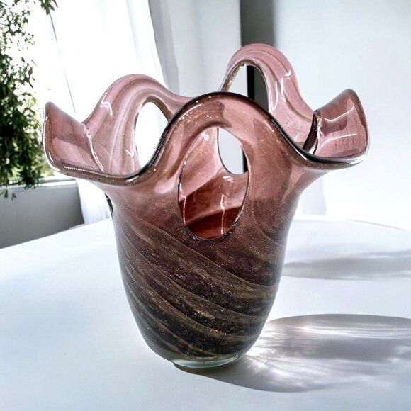 Vintage Purple and Gold Organic Swirl Handblown Art Glass Vase
